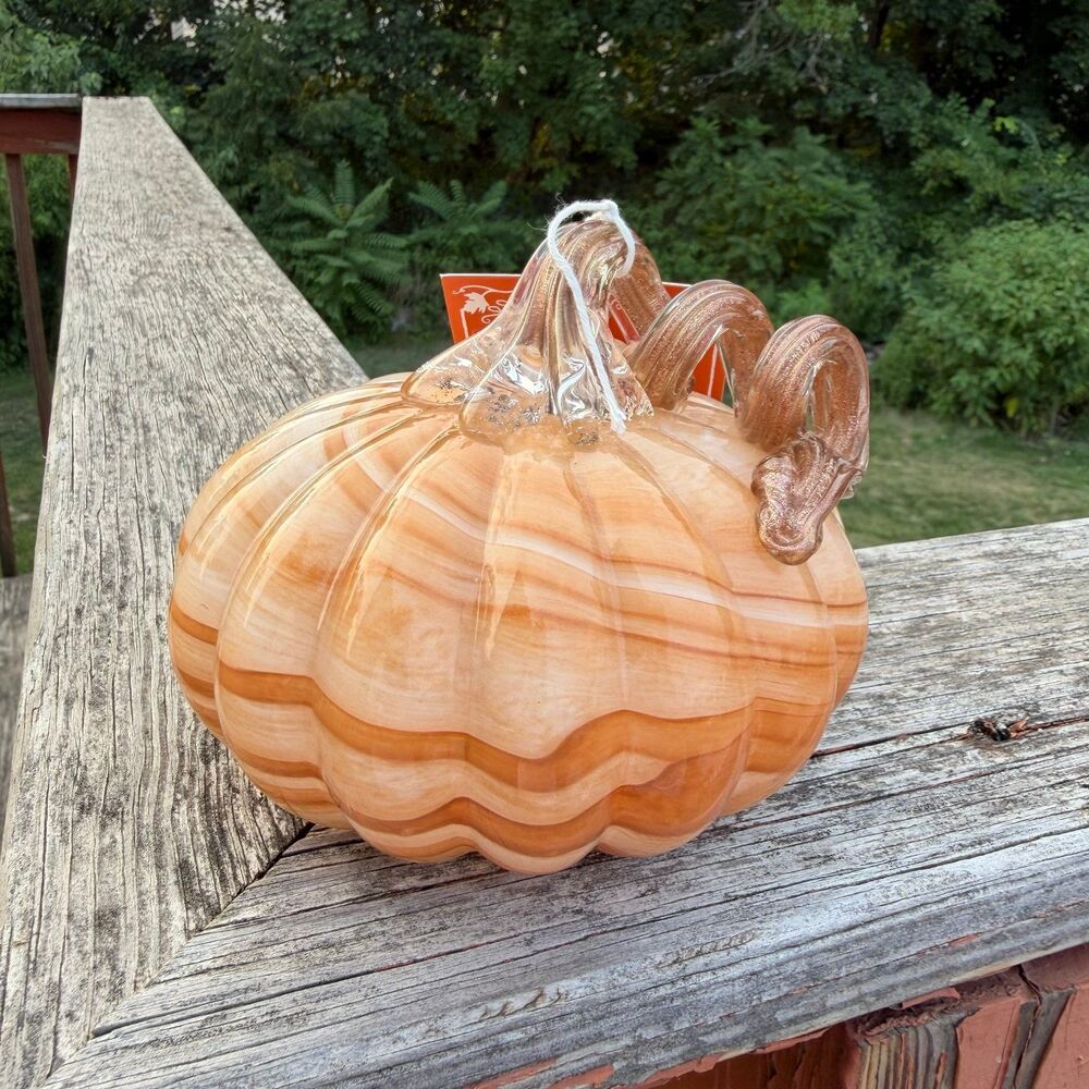 NEW Martha Stewart Glass Orange Cream Pumpkin 4” Tall Marble Swirl Pattern - Picture 2 of 4